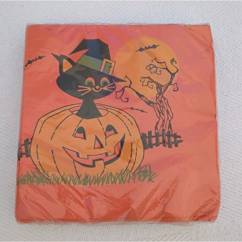 20 3 Ply Vintage Happy Halloween Napkins Cat Jack-o'-lantern NEW Old Stock